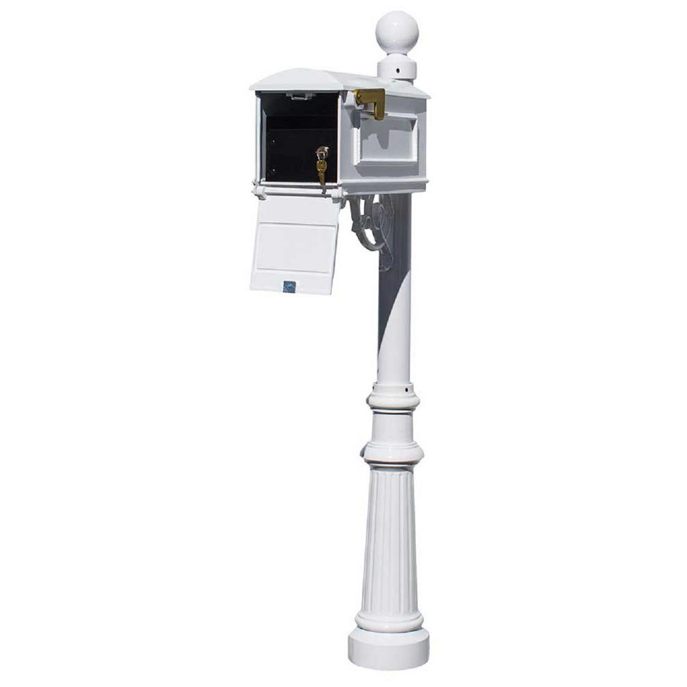 Lewiston White Post Mount Locking Insert Mailbox With Decorative Fluted Base And Ball Finial Lml 804 Wht The Home Depot
