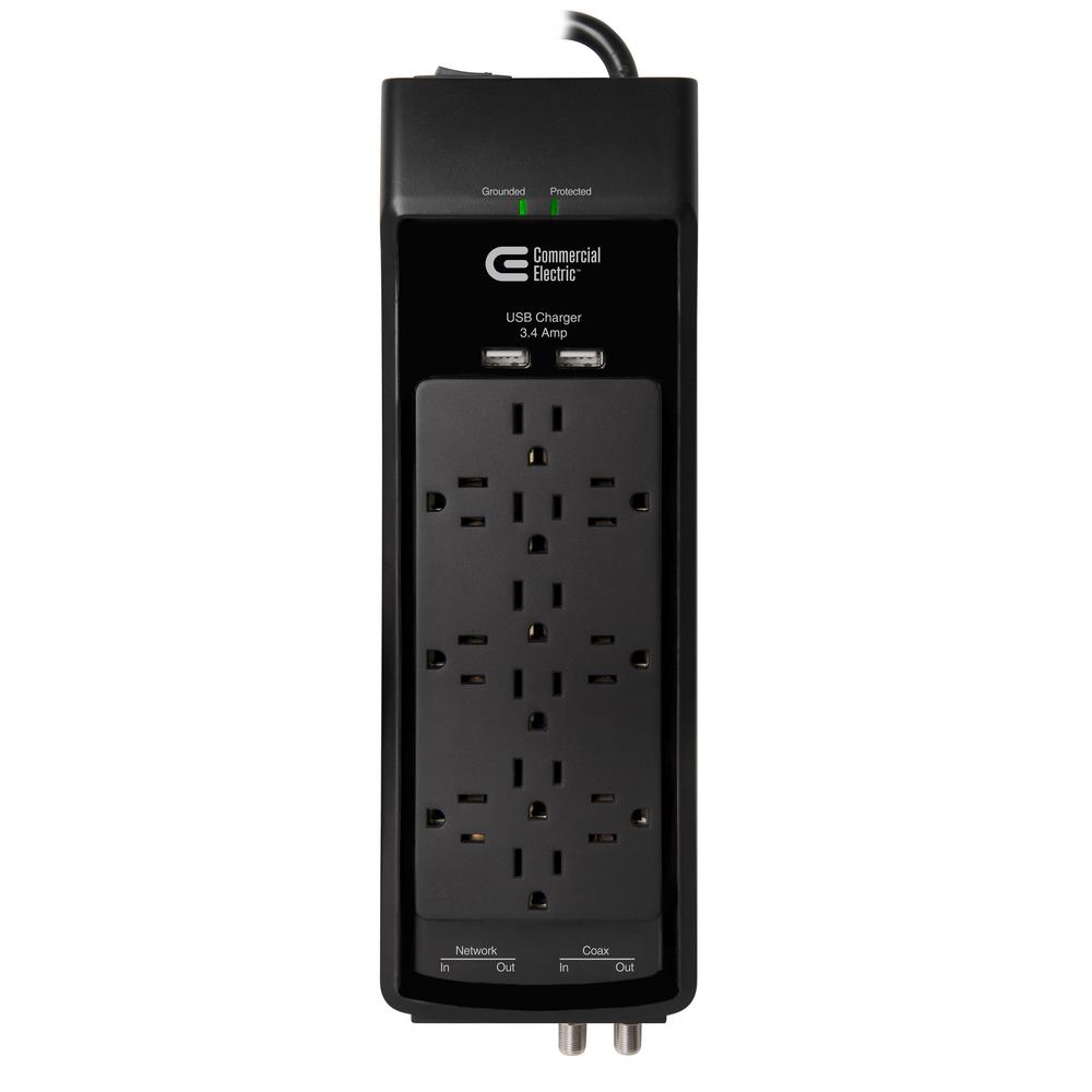 Surge Protectors Extension Cords The Home Depot 12 Outlet Usb Rj45 Coax Surge Protector