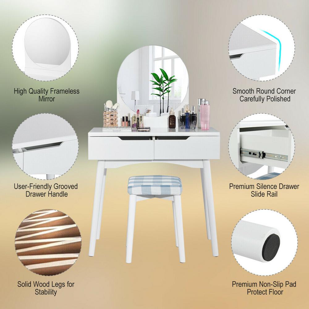 Round Mirror Vanity Makeup Dressing Table Set Mirror With Stool 4 Drawers White