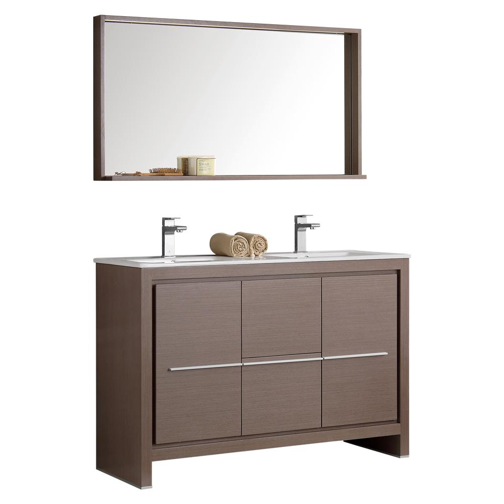 Fresca Allier 48 In W Vanity In Gray Oak With Ceramic Vanity Top In White With Double White Basin And Mirror