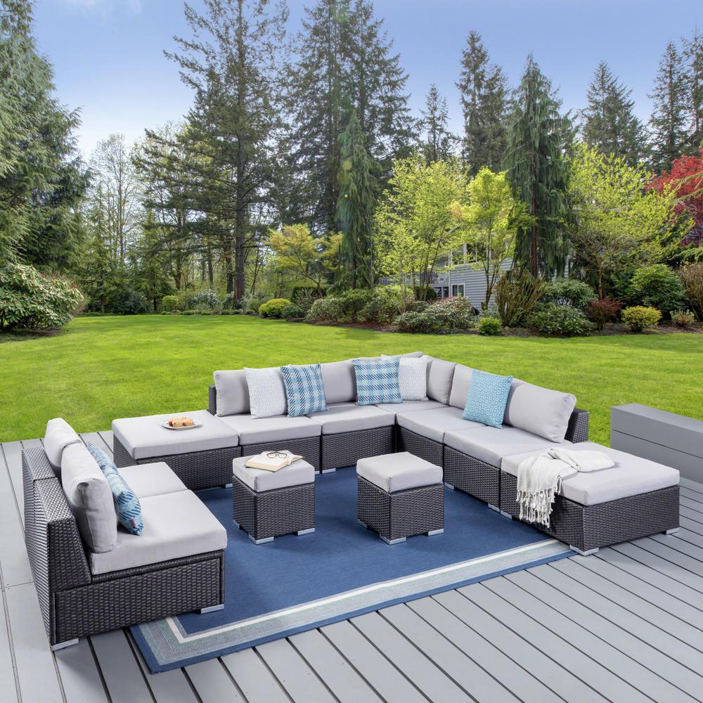 Noble House Santa Rosa Grey 11 Piece Wicker Outdoor Sectional Set With Silver Cushions