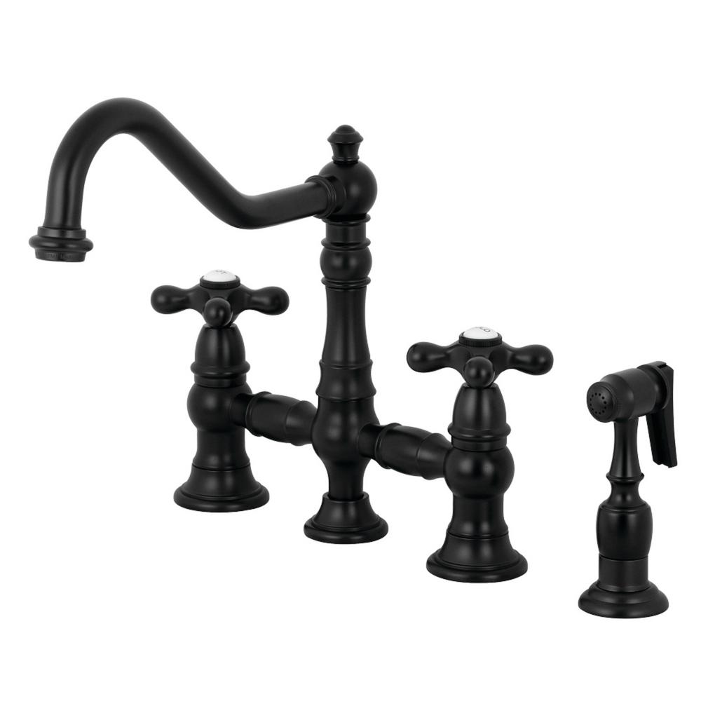 Kingston Brass Restoration 2 Handle Bridge Kitchen Faucet With Side Sprayer In Matte Black