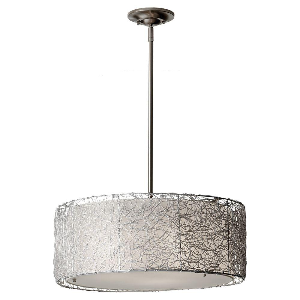 Drum Stainless Steel Chandeliers Lighting The Home Depot Wired 3 Light Brushed Steel Chandelier With Fabric Shade