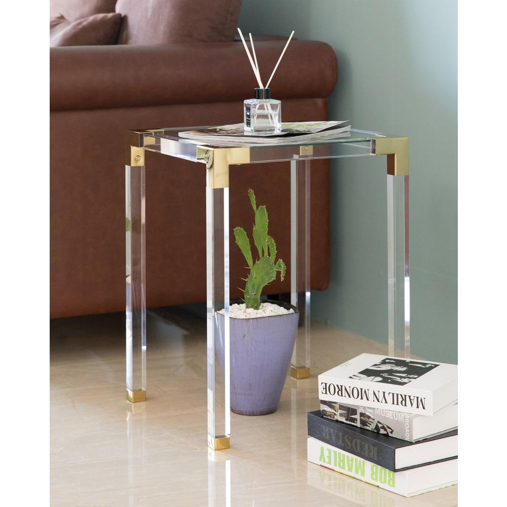 Bold Tones Clear Square Acrylic Gold Metal Modern Tempered Glass End Side Table Qi003599 The Home Depot