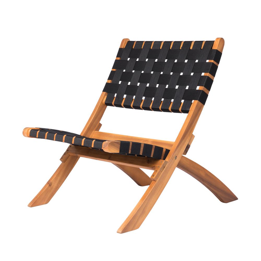 Patio Sense Sava Foldable Wood Outdoor Natural Black Web Lounge Chair