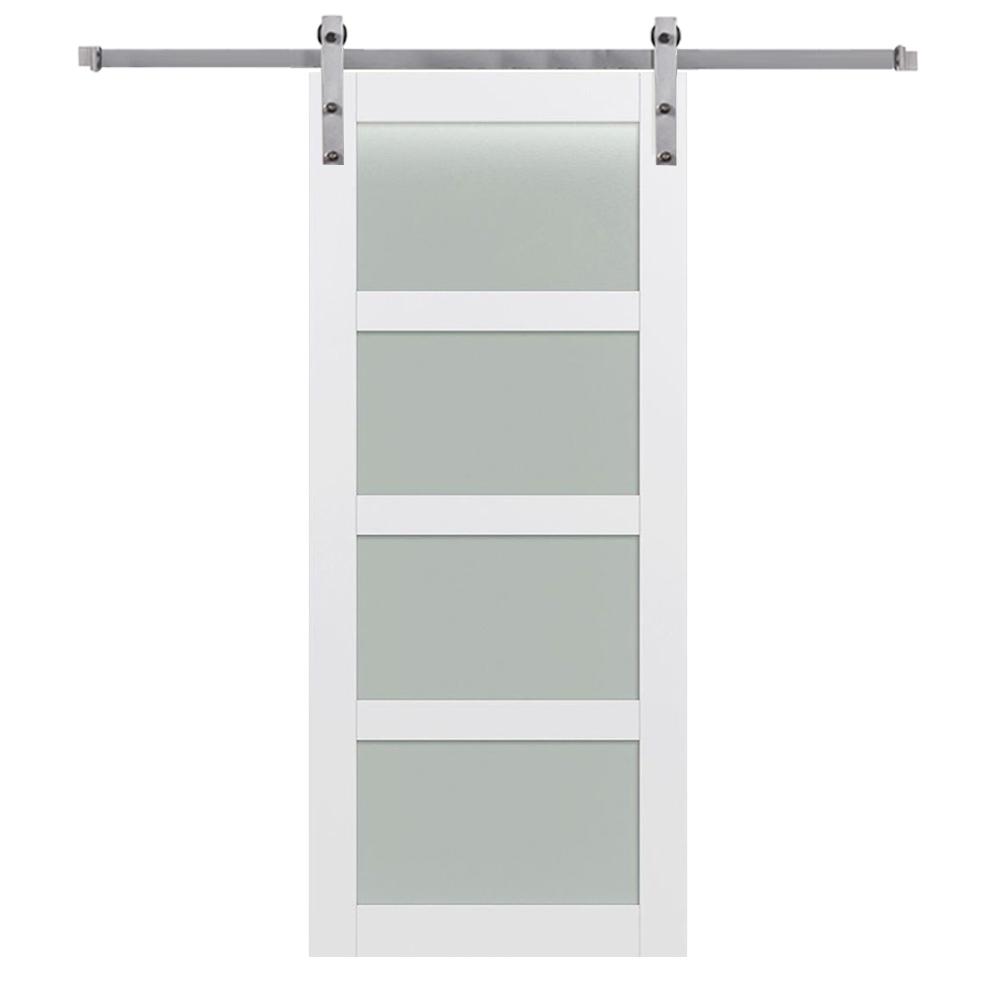 36 In X 84 In 4 Lite Frosted Glass Primed Mdf Sliding Barn Door With Hardware Kit