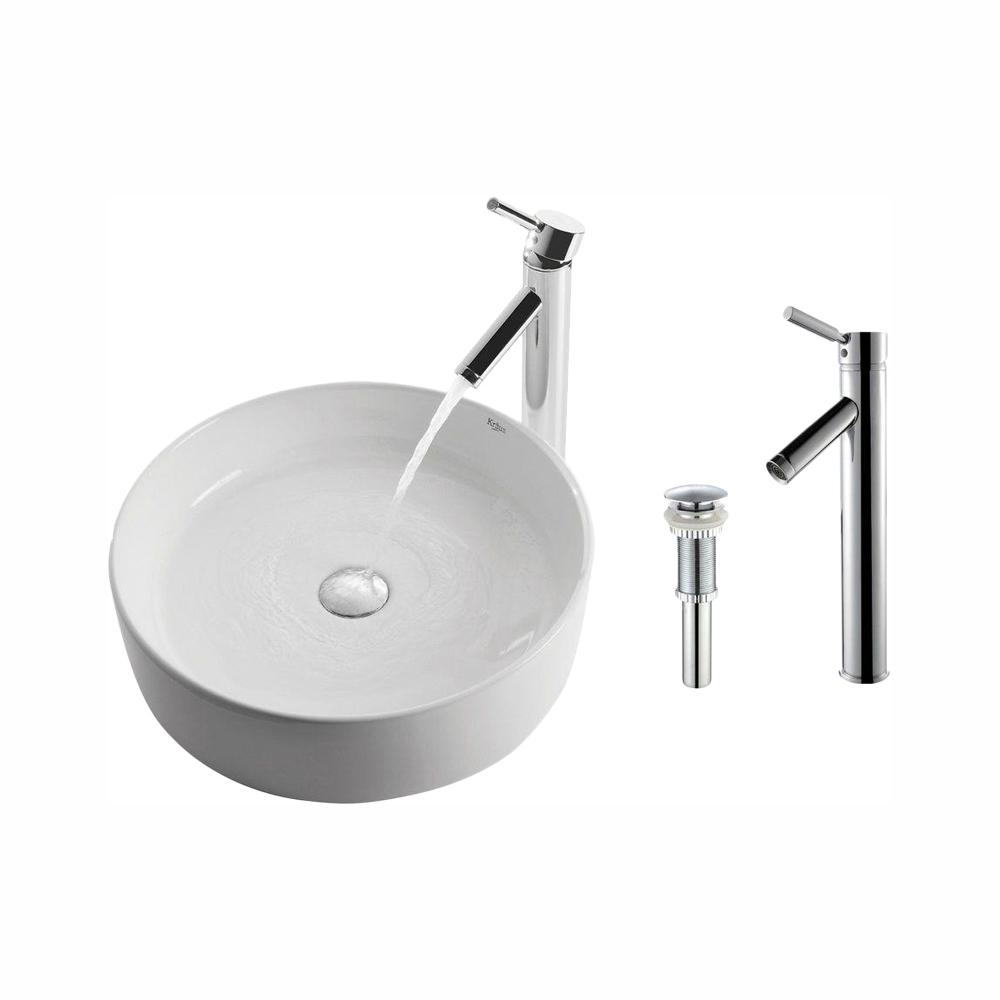 Kraus Round Ceramic Vessel Sink In White With Sheven Faucet In