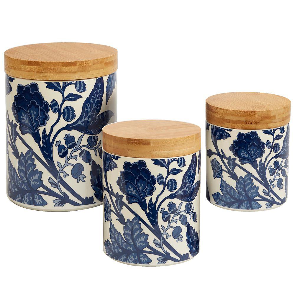 Certified International Blue Indigo 3 Piece Canister Set With Wooden Certified International Blue Indigo 3 Piece Canister Set With Wooden Lids