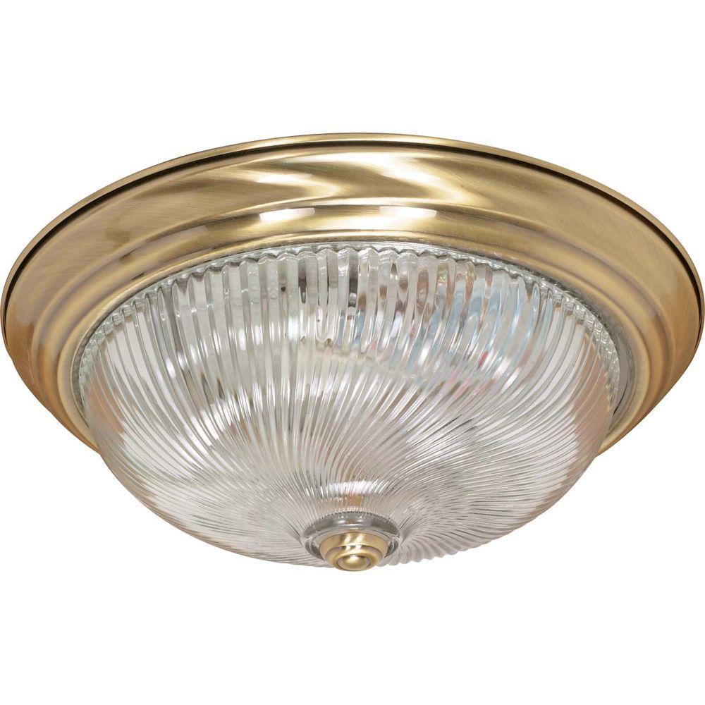 Glomar Elektra 3 Light Antique Brass Flush Mount With Clear Swirl Glass