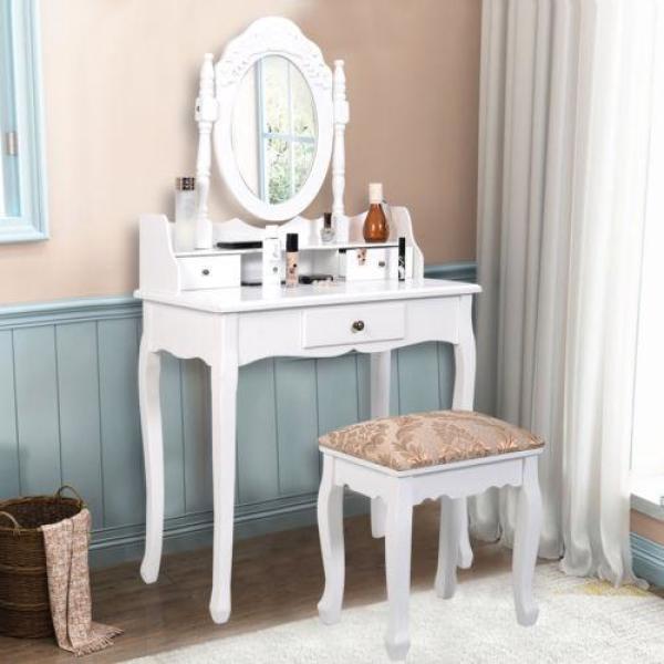 Vanity Dressing Table Set Mirrored Furniture with Stool White for Christmas Gift