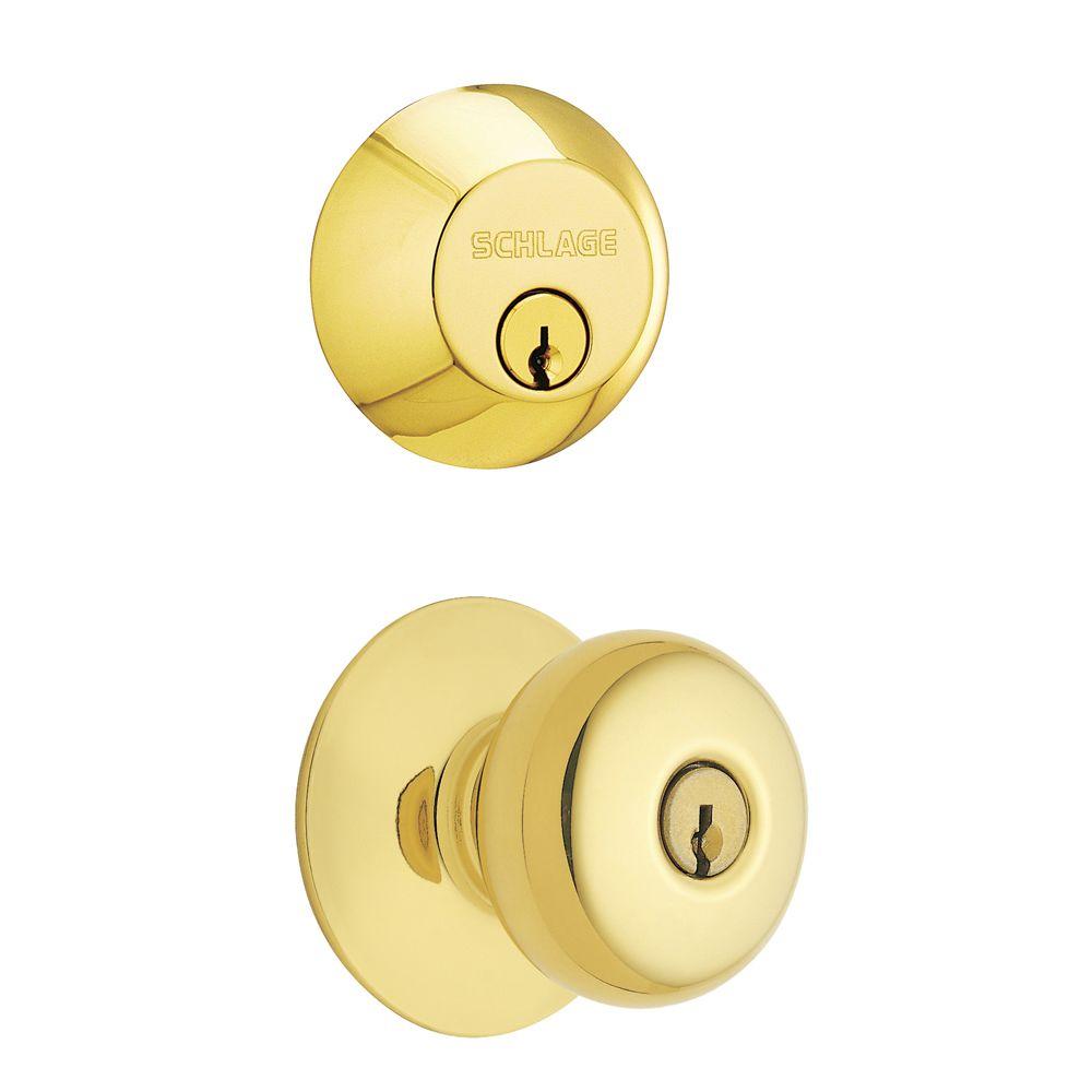 Schlage F60 V PLY 505 PLY 605 Single Cylinder Handleset and Plymouth Knob Bright Brass
