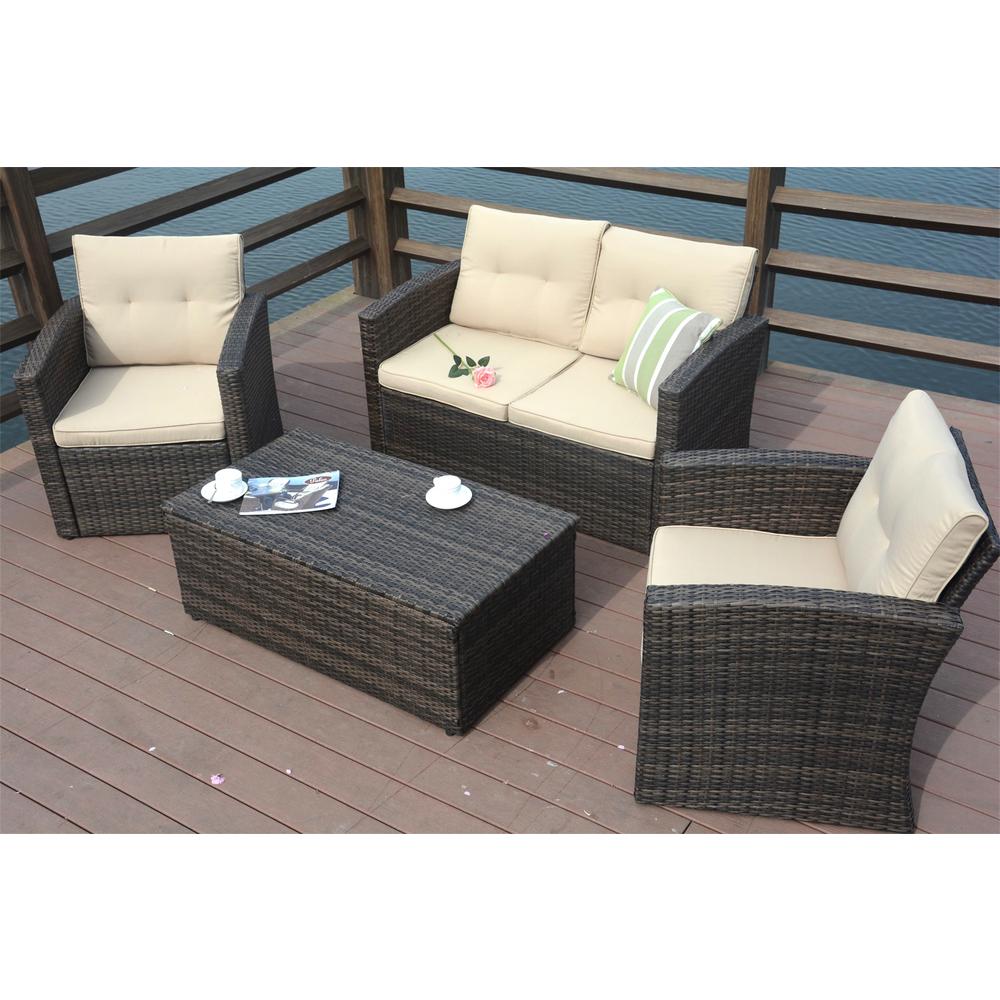 Direct Wicker Puerta Brown 4 Piece All Weather Resin Patio Puerta Brown 4 Piece All Weather Resin Wicker Patio Deep Seating Set With Beige Cushions