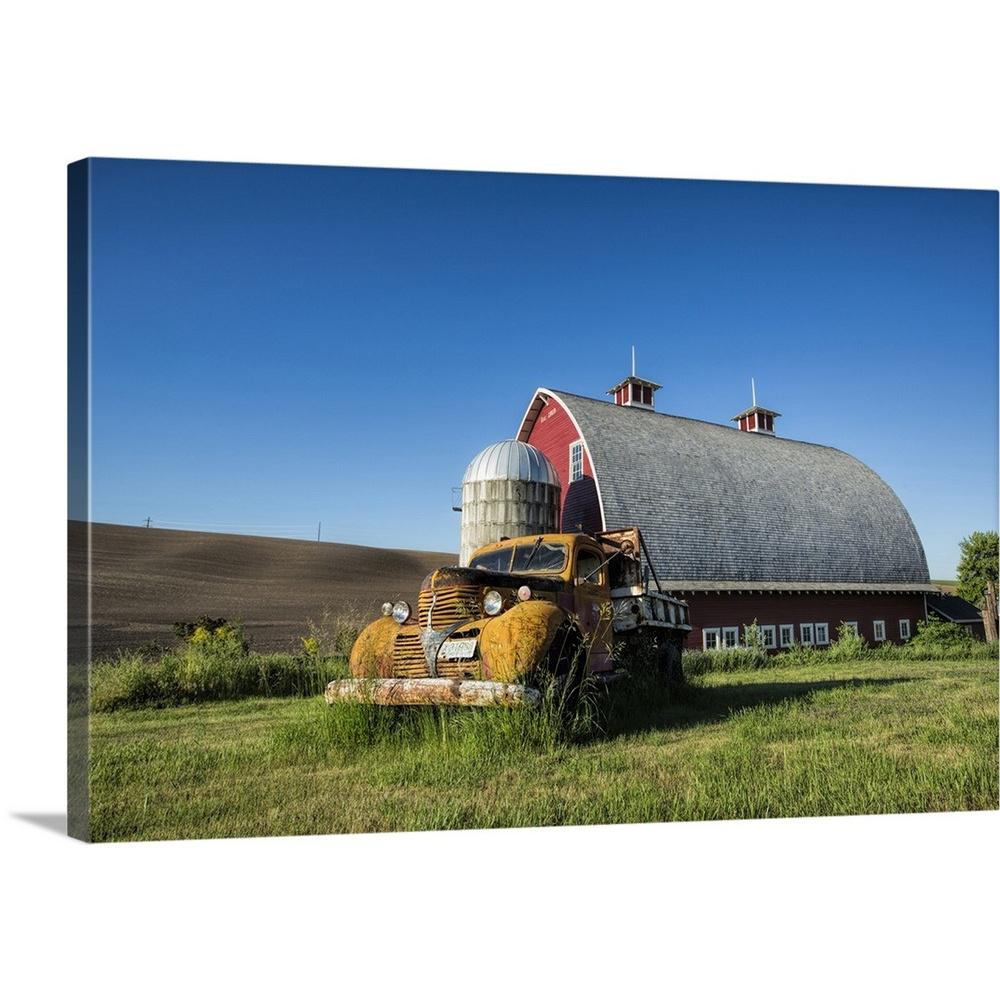 Greatbigcanvas Vintage Pickup Truck And Red Barn In The Palouse