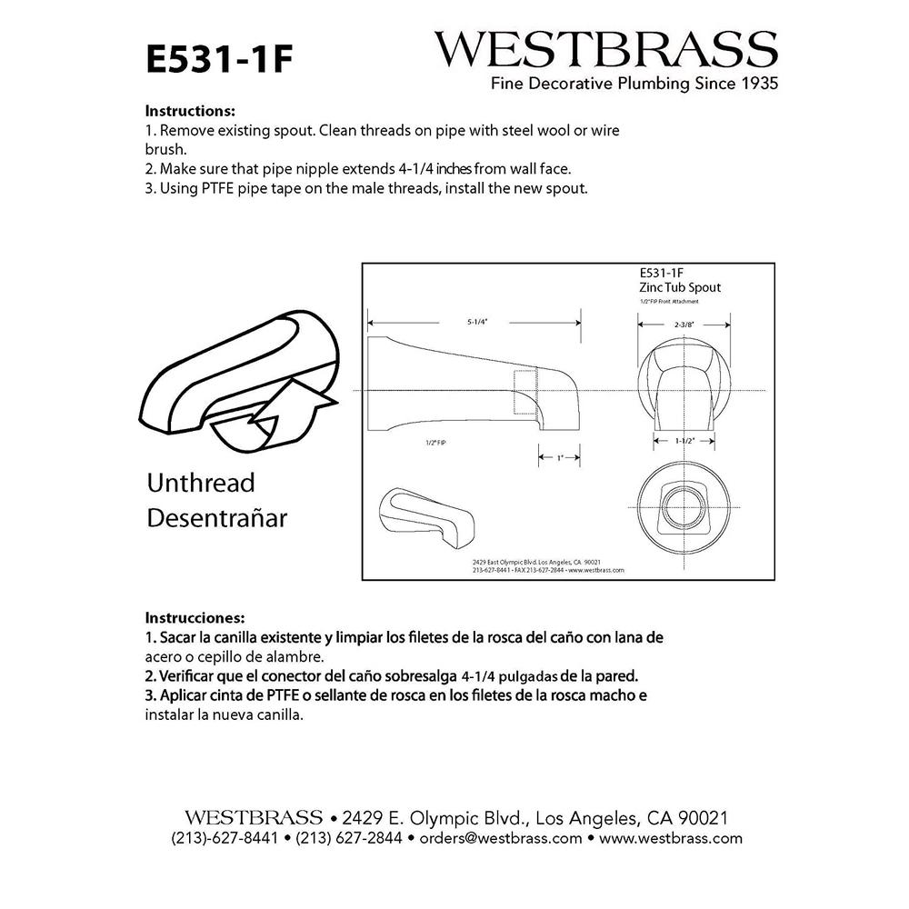 Westbrass 5-1/4 in. Front Diverter Tub Spout with Front IPS Connection in Chrome-E531D-1F - The Home Depot | Wye Delta Wiring Diagram Tubs Over Head | | The Home Depot