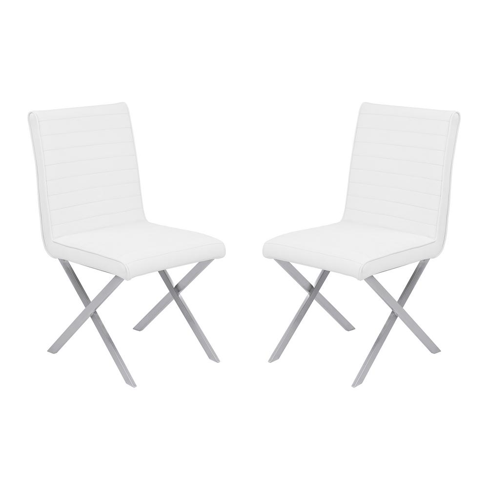 Armen Living LCFUSIWH Fusion Dining Chair Set of 2 in White Faux Leather and Brushed Stainless Steel Finish
