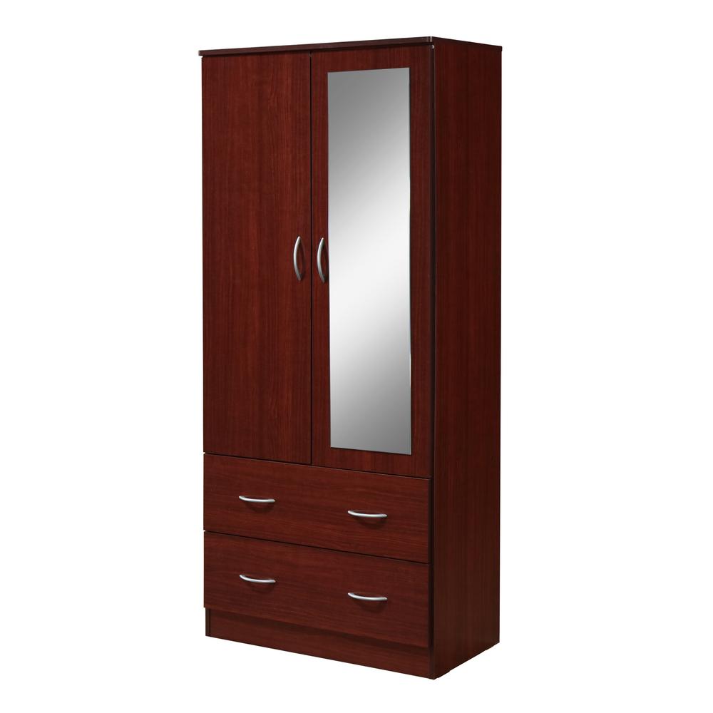 HODEDAH 2-Door Armoire 71.6 in. H x 31.5 in. W x 16.75 in. D with 2-Drawers, Mirror and Clothing Rod in Mahogany, Brown