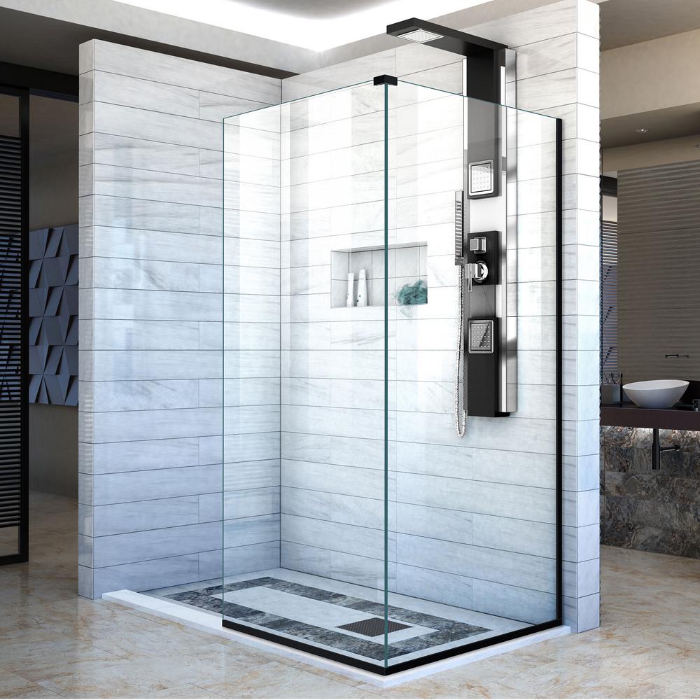 Dreamline Linea 34 In X 72 In Semi Frameless Corner Fixed Shower Screen In Satin Black Shdr