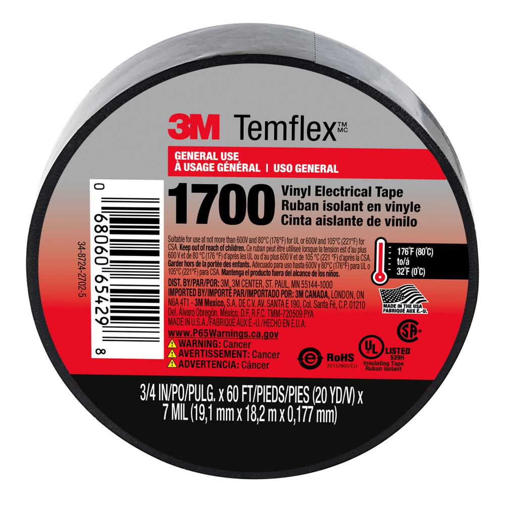 3M Temflex 3/4 in. x 60 ft. 1700 Electrical Tape Black17001PKBB40