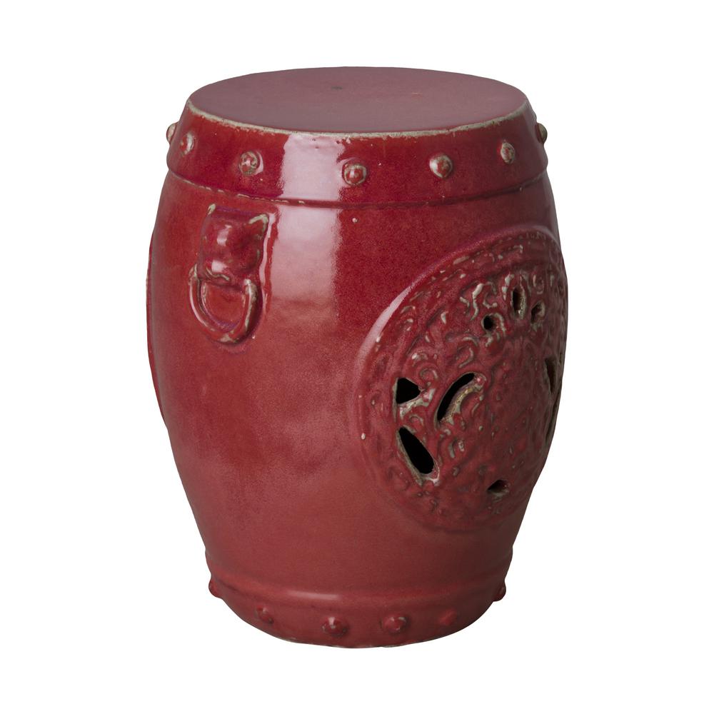 Emissary Dragon Medallion Distressed Red Ceramic Garden Stool