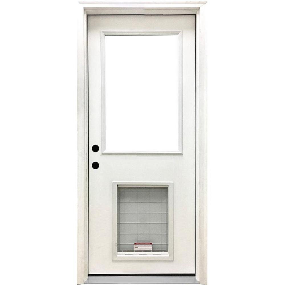 Steves & Sons 36 in. x 80 in. Reliant Series Clear Half Lite RHIS White Primed Fiberglass Prehung Back Door with Extra Large Pet Door