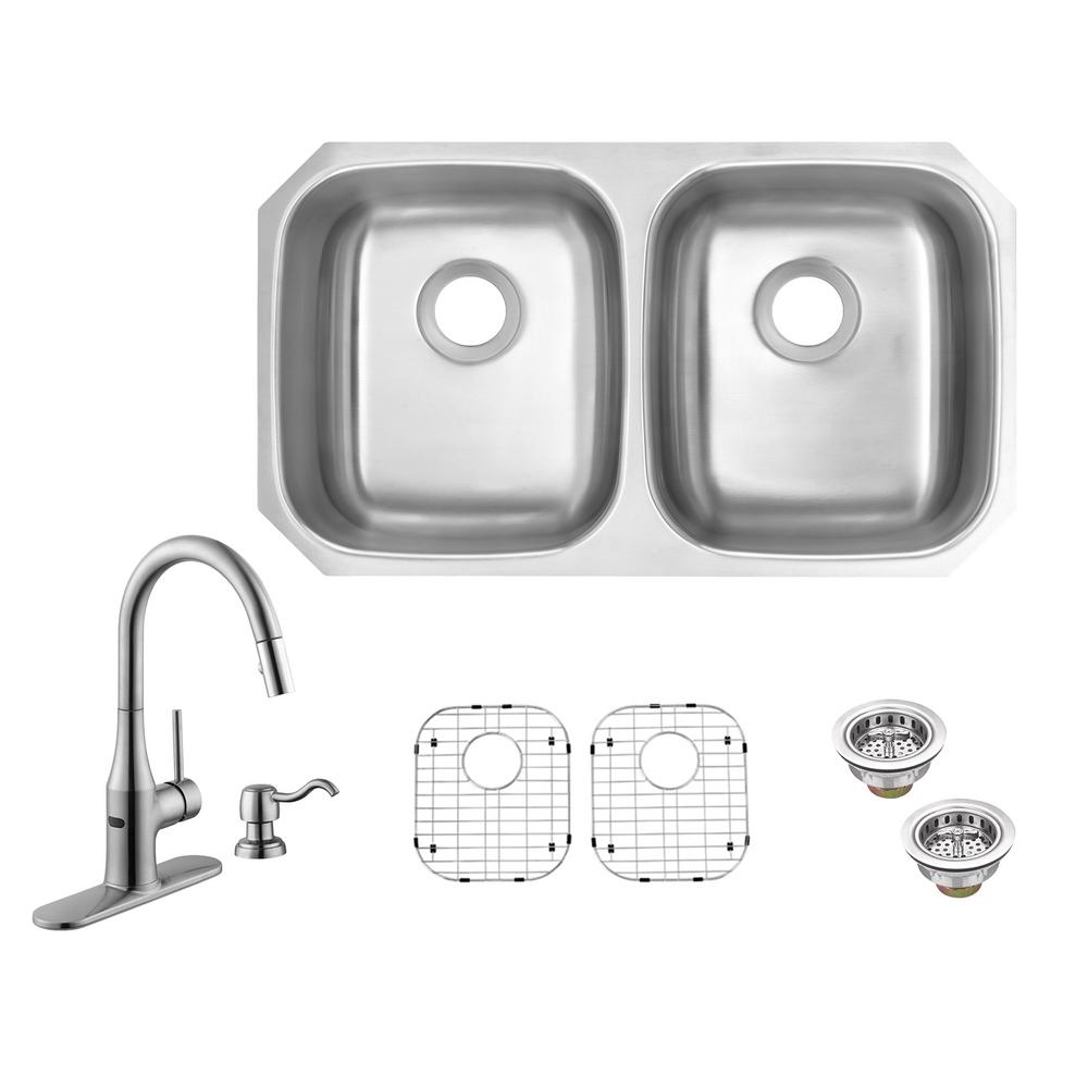 Glacier Bay All In One Undermount 16 Gauge Stainless Steel 32 50 Double Bowl Kitchen Sink With Faucet