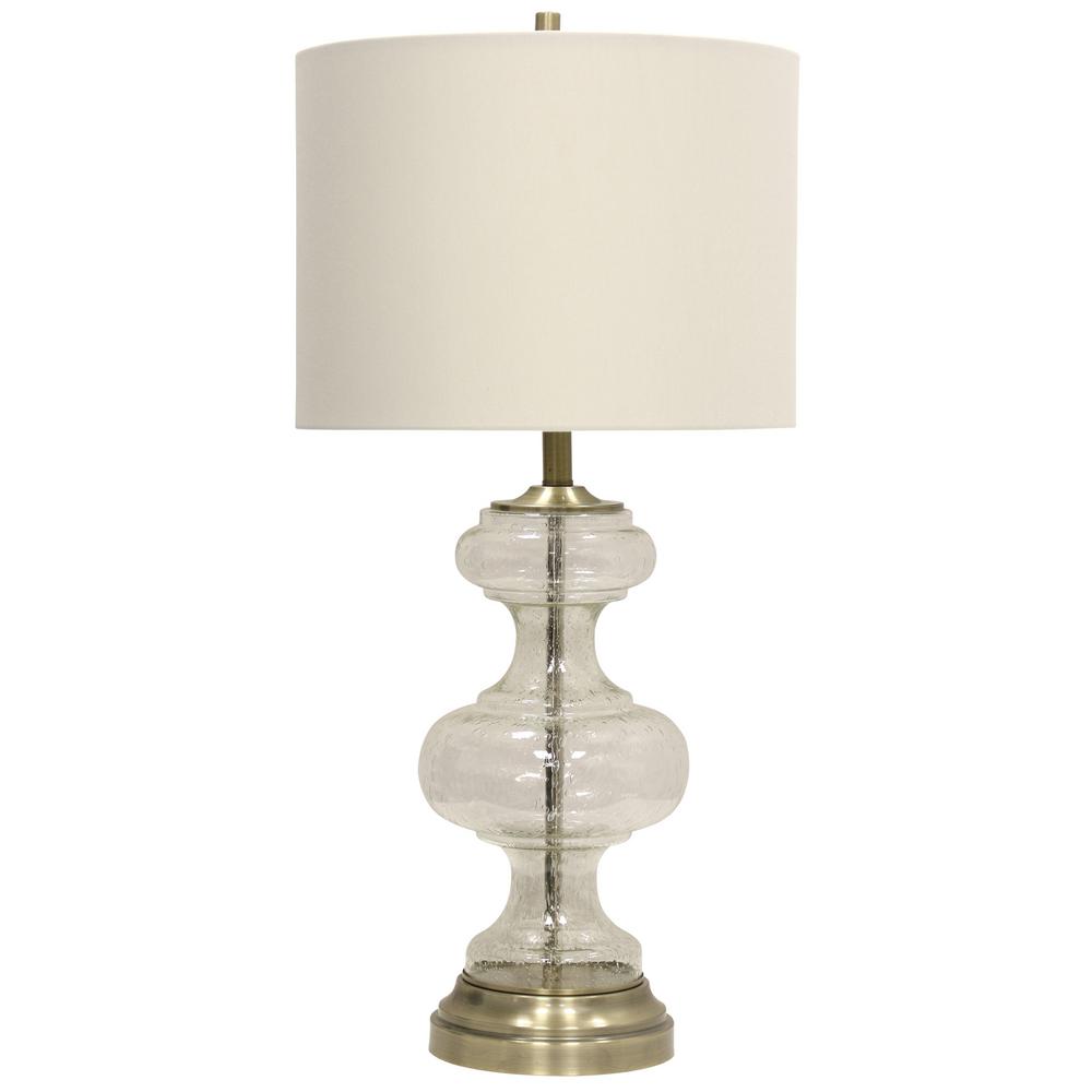 Stylecraft 33 In Antique Brass With Clear Seeded Glass Table Lamp White Hardback Fabric Shade