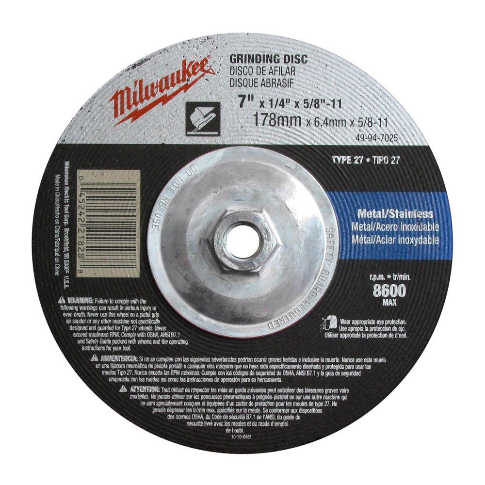 Milwaukee 7 in. x 1/4 in. x 5/811 in. Grinding Wheel (Type 27)4994