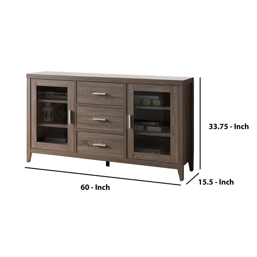 Benjara Brown Wooden Tv Stand With 3 Drawers And Side Door Glass