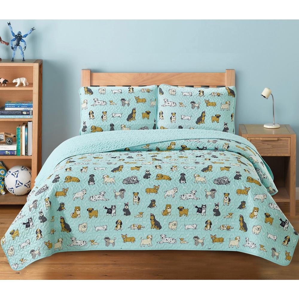 Seaside Resort Puppies 2Piece Blue Microfiber Twin Quilt Set15392