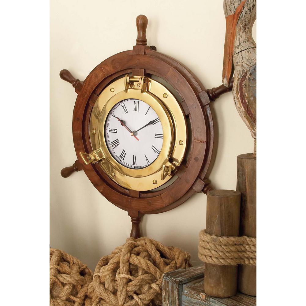 18 In X Brass And Wood Shipwheel Wall Clock