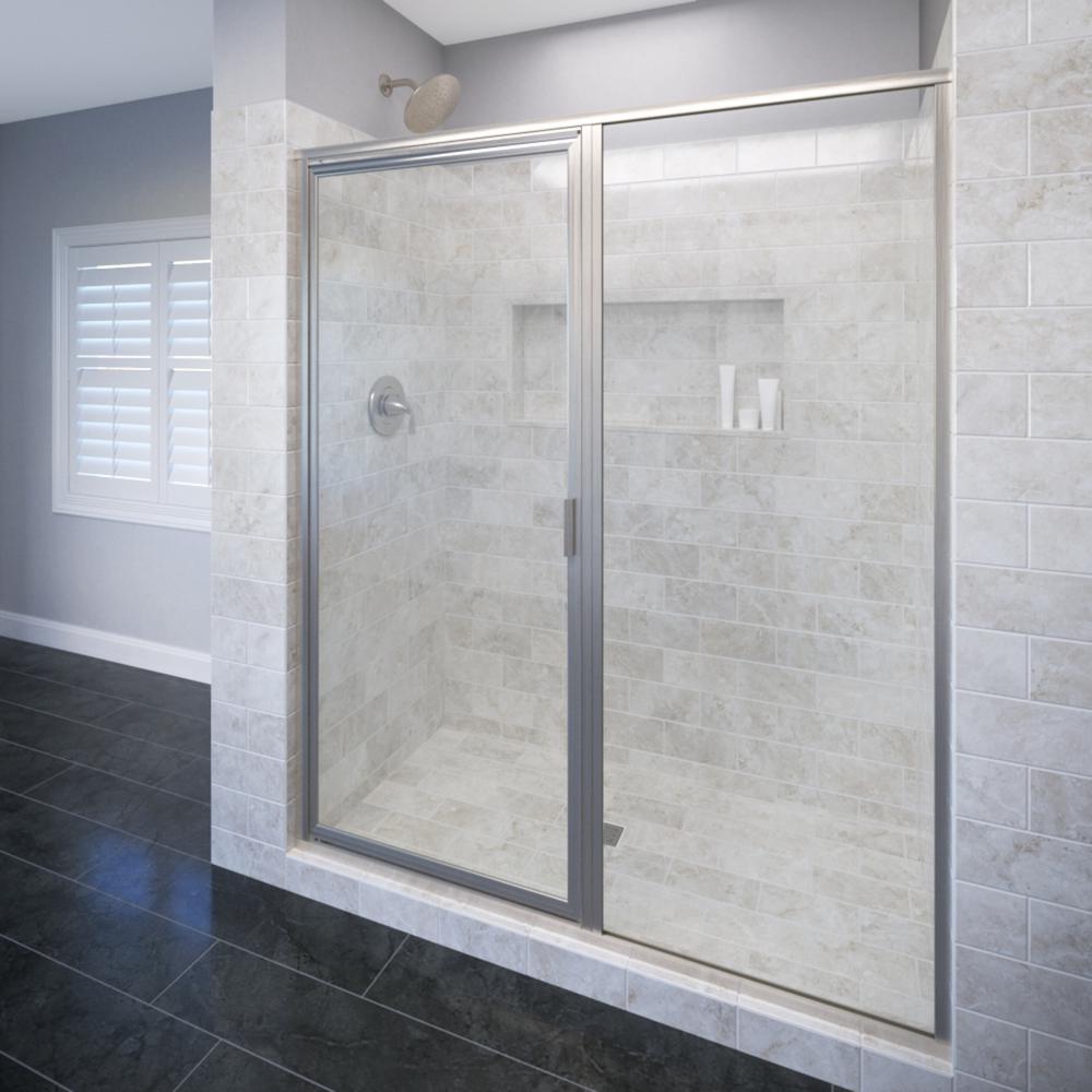 Basco Deluxe 46 In X 68 5 8 Framed Pivot Shower Door Brushed Framed Pivot Shower Door In Brushed Nickel With Aquaglidexp Clear Glass
