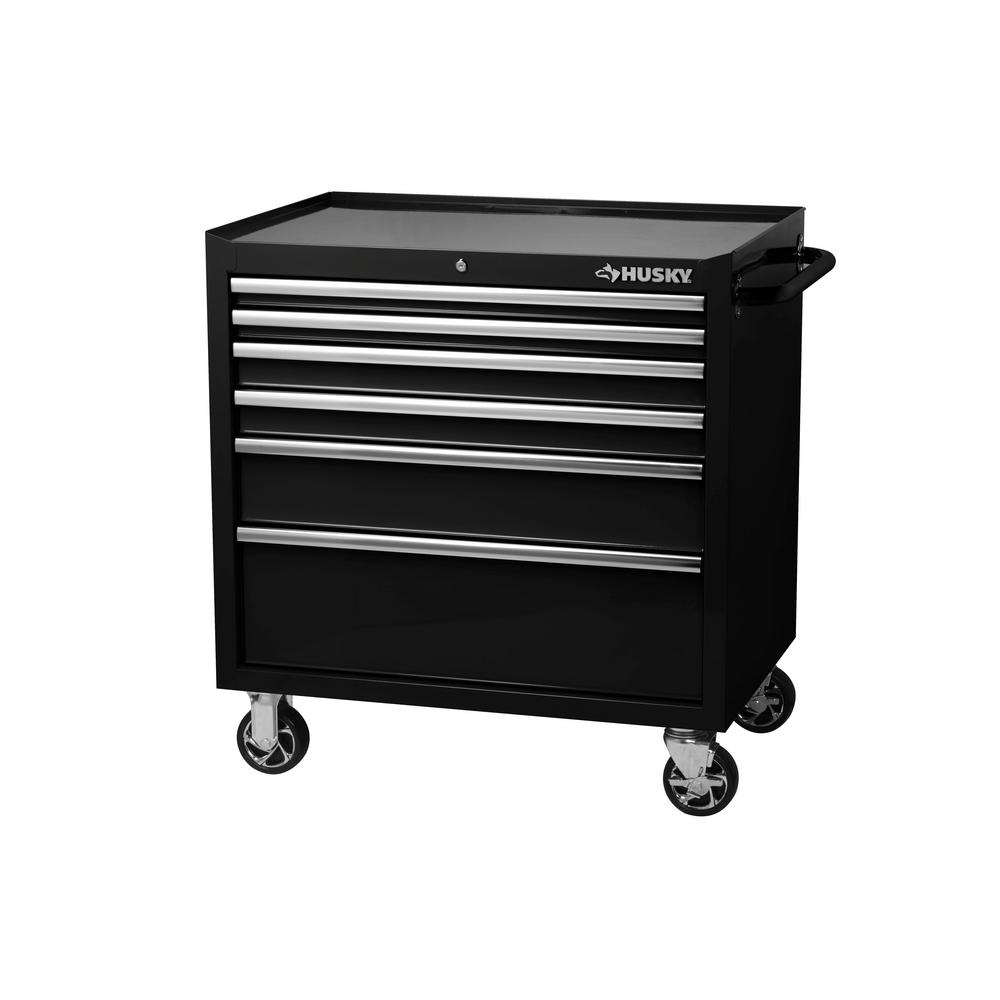 Husky 36 In W 6 Drawer Deep Tool Chest Cabinet Gloss Black Deep Tool Chest Cabinet In Gloss Black
