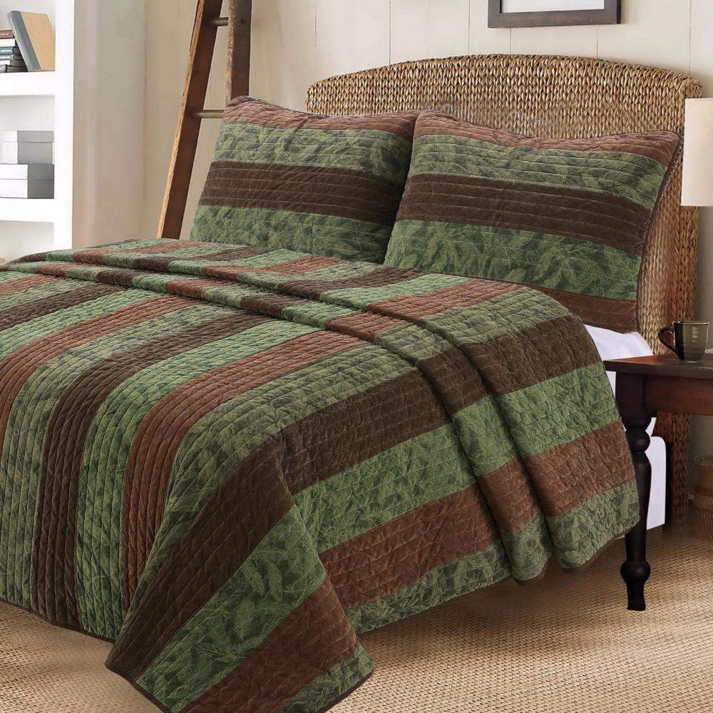 Cozy Line Home Fashions Rich Warm Chocolate Forest Country Wood Leaves 3 Piece Dark Brown Green Stripe Cotton Queen Quilt Bedding Set Bb20180902bq The Home Depot