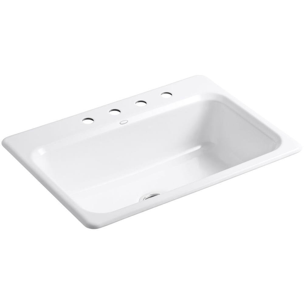 Kohler Bakersfield Drop In Cast Iron 31 In 4 Hole Single Bowl Kitchen Sink In White With Basin Rack K 5832 4 0 6517 St The Home Depot