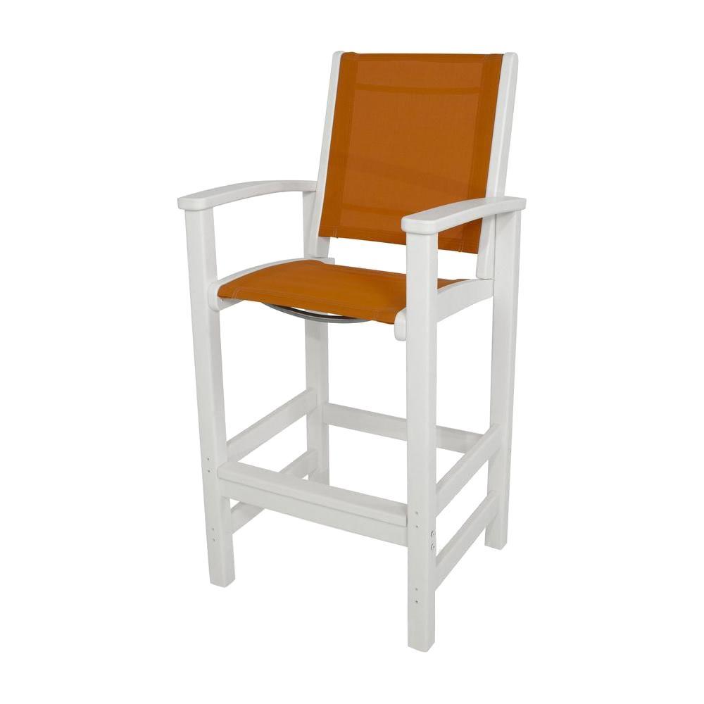 Sling Patio Furniture Polywood Outdoors The Coastal White All Weather Plastic Outdoor Bar Chair In Citrus Sling