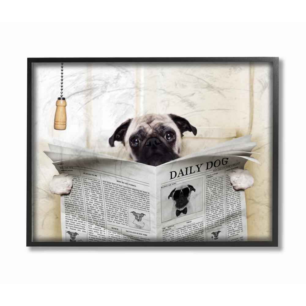 11 In X 14 Pug Reading Newspaper Bathroom By House Artist Wood Framed Wall Art