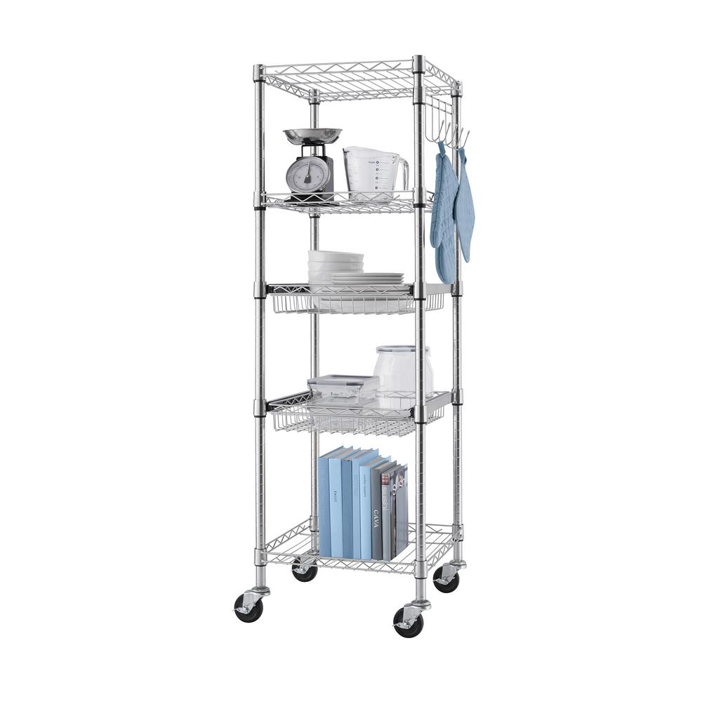 TRINITY EcoStorage Chrome Rolling 5-Tier Steel Wire Shelving Unit (18 in. W x 57 in. H x 18 in. D), EcoStorage™ Chrome