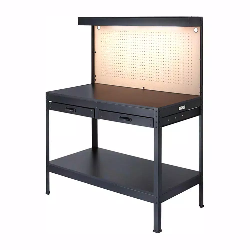 Photo 1 of 4 ft. W x 5 ft. H x 2 ft. D Black Steel Workbench with Built-In Power and Lighting