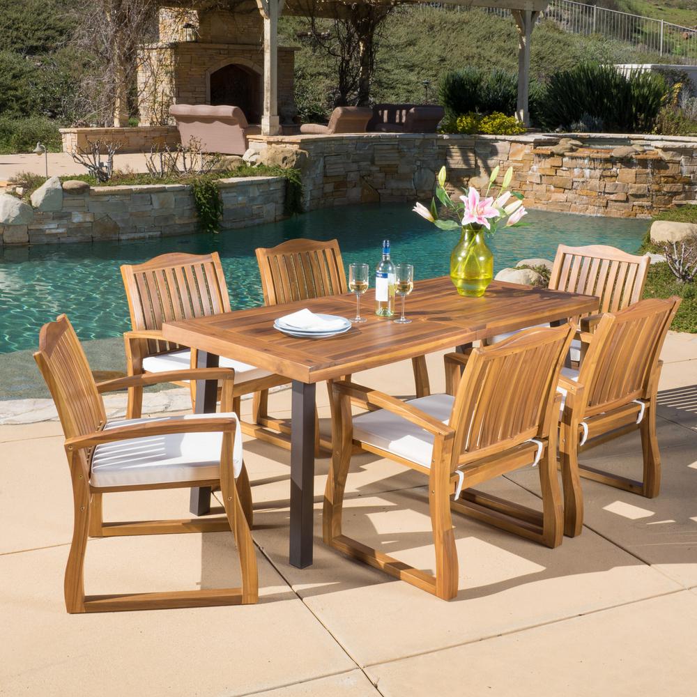 Noble House Della Teak Finish 7 Piece Wood Outdoor Dining Set 8089 The Home Depot
