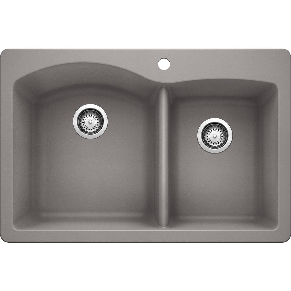 Blanco Diamond Dual Mount Granite Composite 33 In 1 Hole 60 40 Double Bowl Kitchen Sink In Metallic Gray 440214 The Home Depot