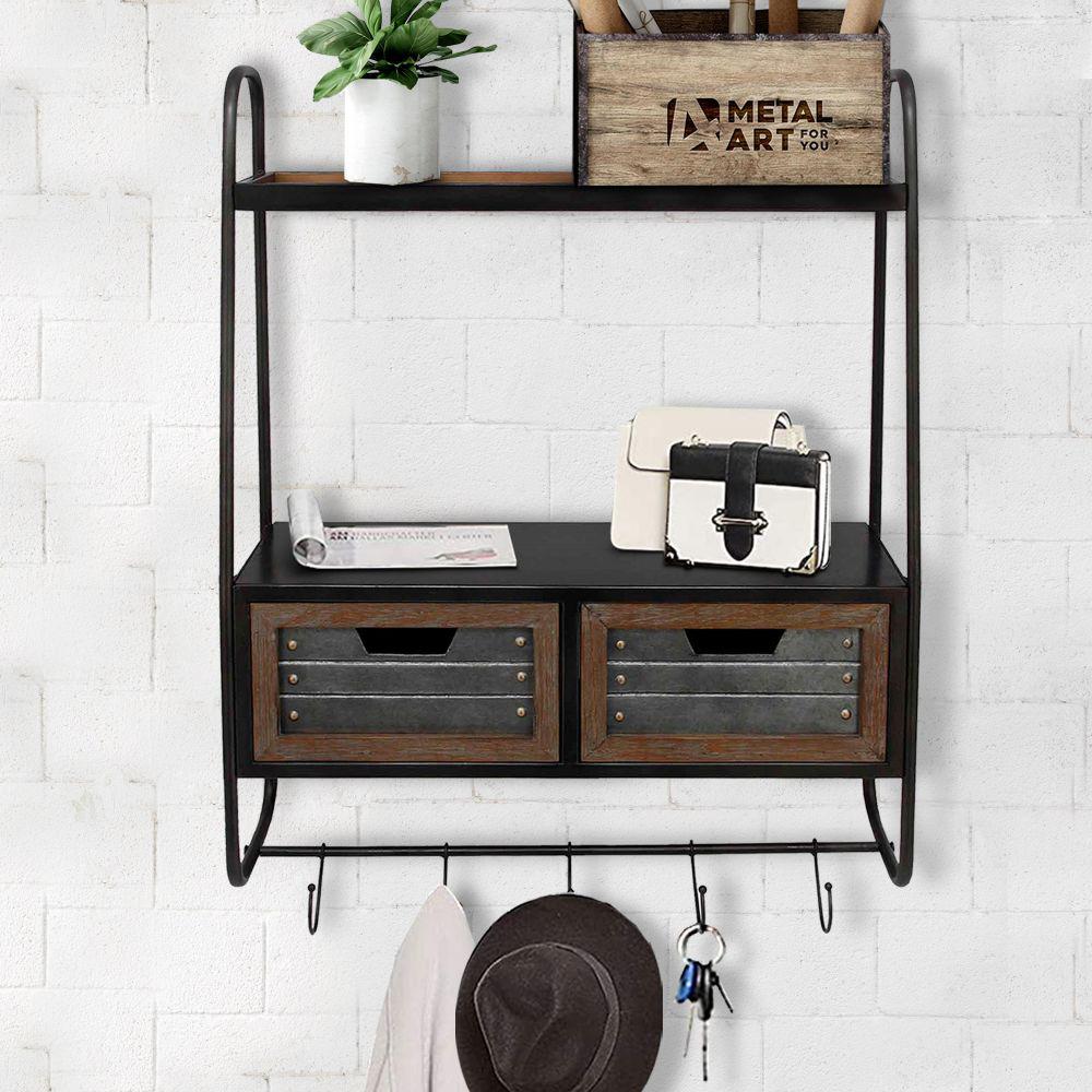 The Urban Port Farmhouse Brown And Black Wall Mounted Metal And Wood Wall Shelf With 2 Drawers And 5 Hooks 24 8 L X 7 87 W X 30 31 H Upt 208452 The Home Depot