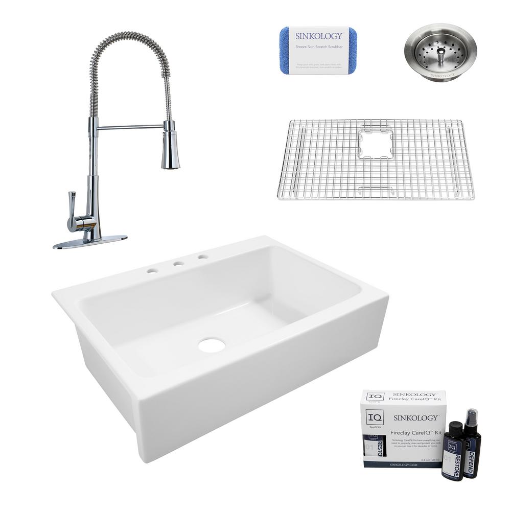 Sinkology Josephine All In One Quick Fit Farmhouse Fireclay 33 85 3 Hole Single Bowl Kitchen Sink With Pfister Zuri Faucet