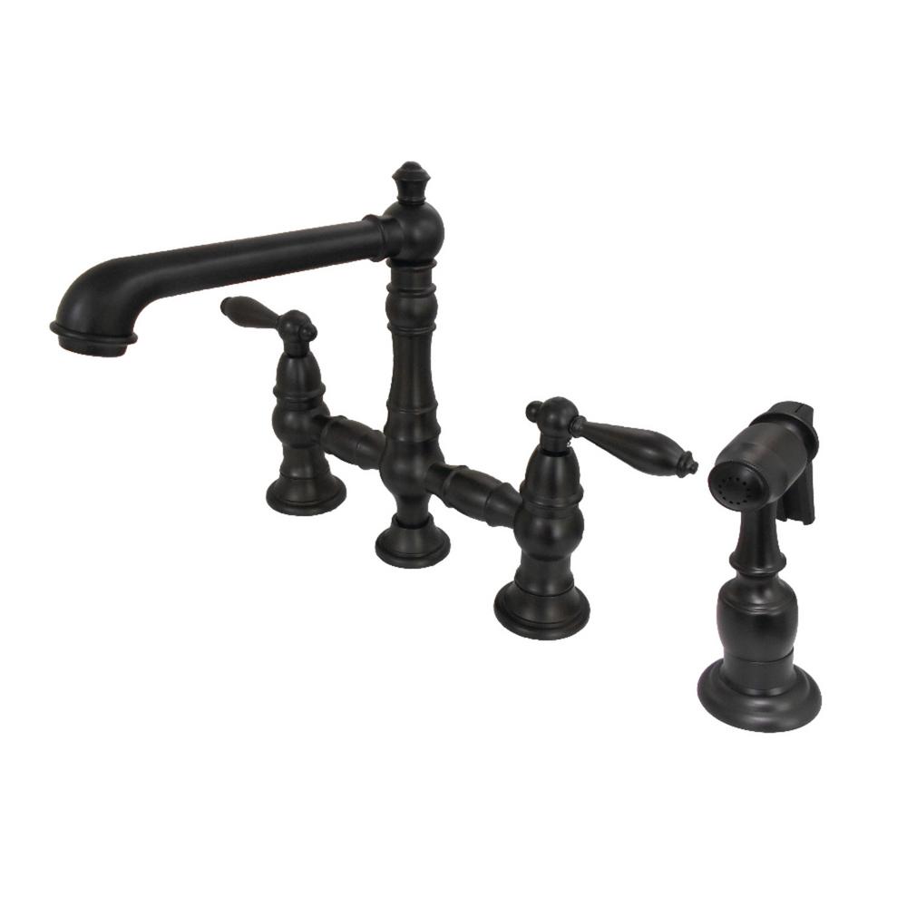 Kingston Brass English Country 2 Handle Bridge Kitchen Faucet With Side Sprayer In Oil Rubbed Bronze