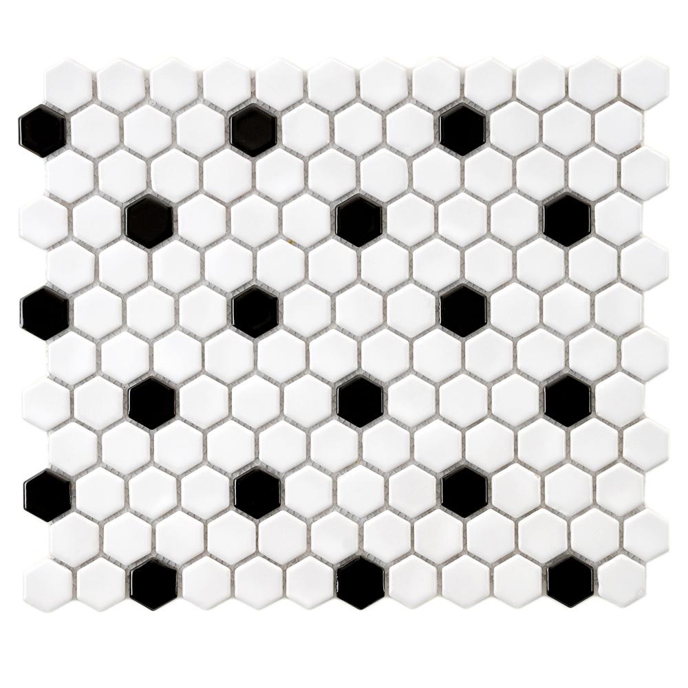 Merola Tile Metro Hex Glossy White With Black Dot 10 1 4 In X 11 3 Merola Tile Metro Hex Glossy White With Black Dot 10 1 4 In X 11 3 5 Mm Porcelain Mosaic 8 54 Sq Ft Case Fxlmhwbd The Home Depot