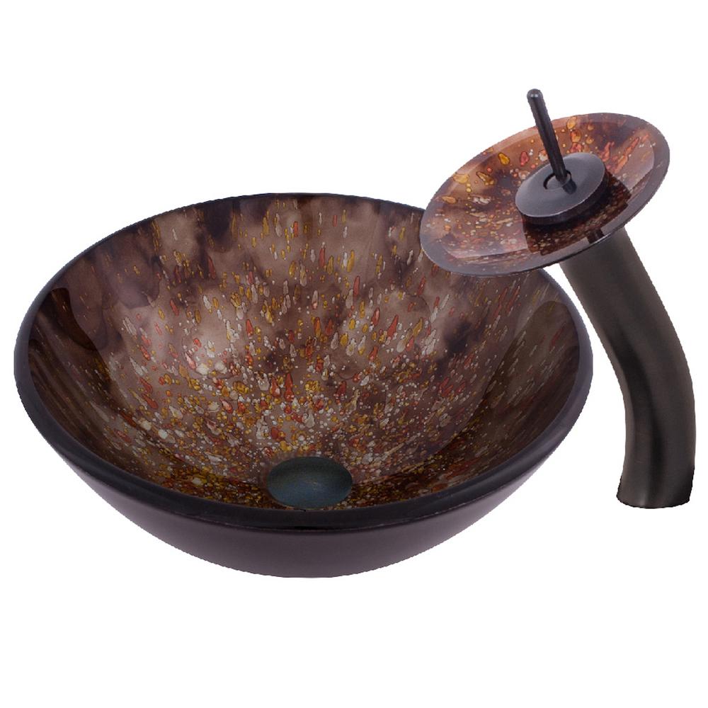 Distorto Glass Vessel Sink In Speckled Brown With Drain Mounting Ring And Faucet In Oil Rubbed Bronze