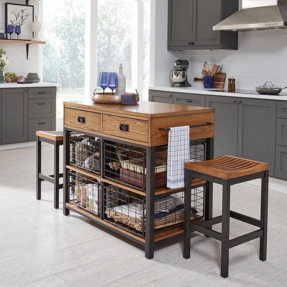 HOMESTYLES Modern Craftsman Brown Oak Island With Wood Top And Two Counter Stools 5050 948 The Home Depot