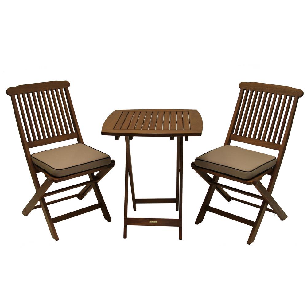 Outdoor Interiors 3 Piece Eucalyptus Bistro Set With Beige Cushions