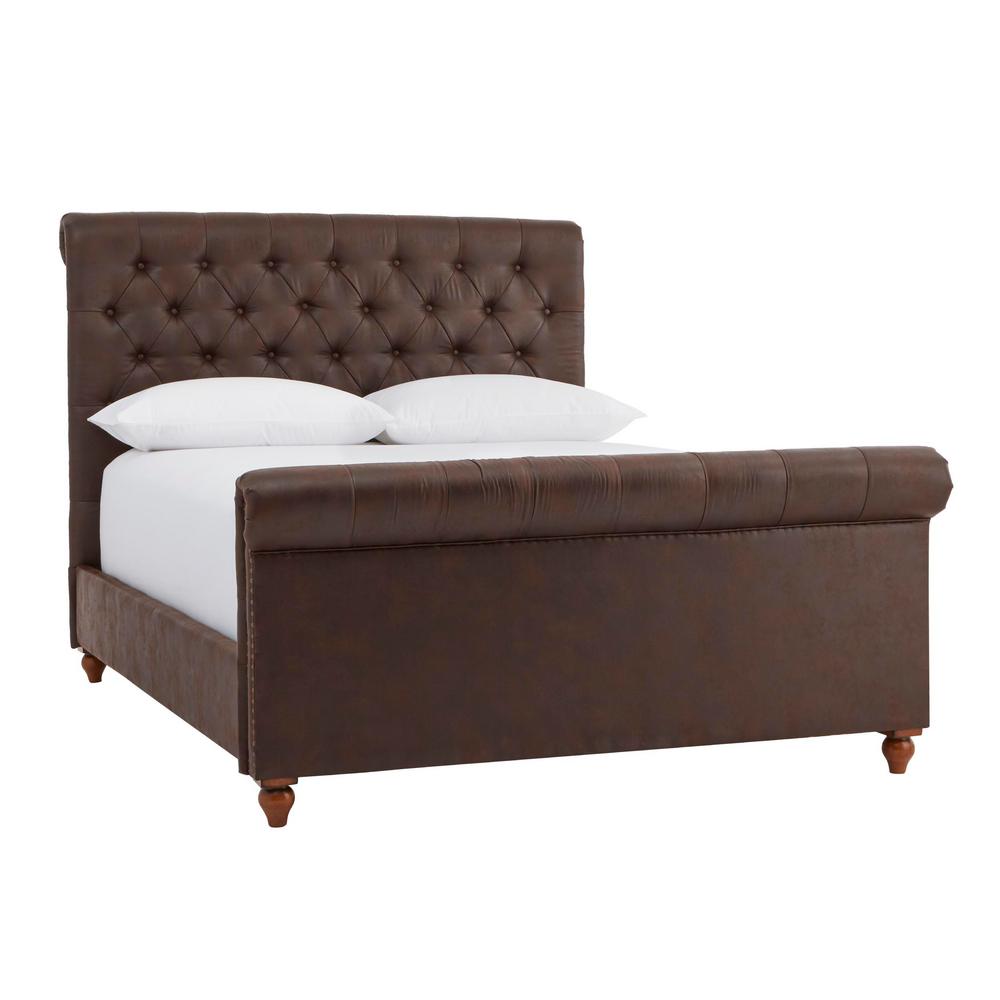 Home Decorators Collection Fenmore Walnut Finish Tufted Upholstered Bonded Leather King Sleigh Bed (81.5 in W. X 56.3 in H.), Brown was $1148.85 now $689.31 (40.0% off)