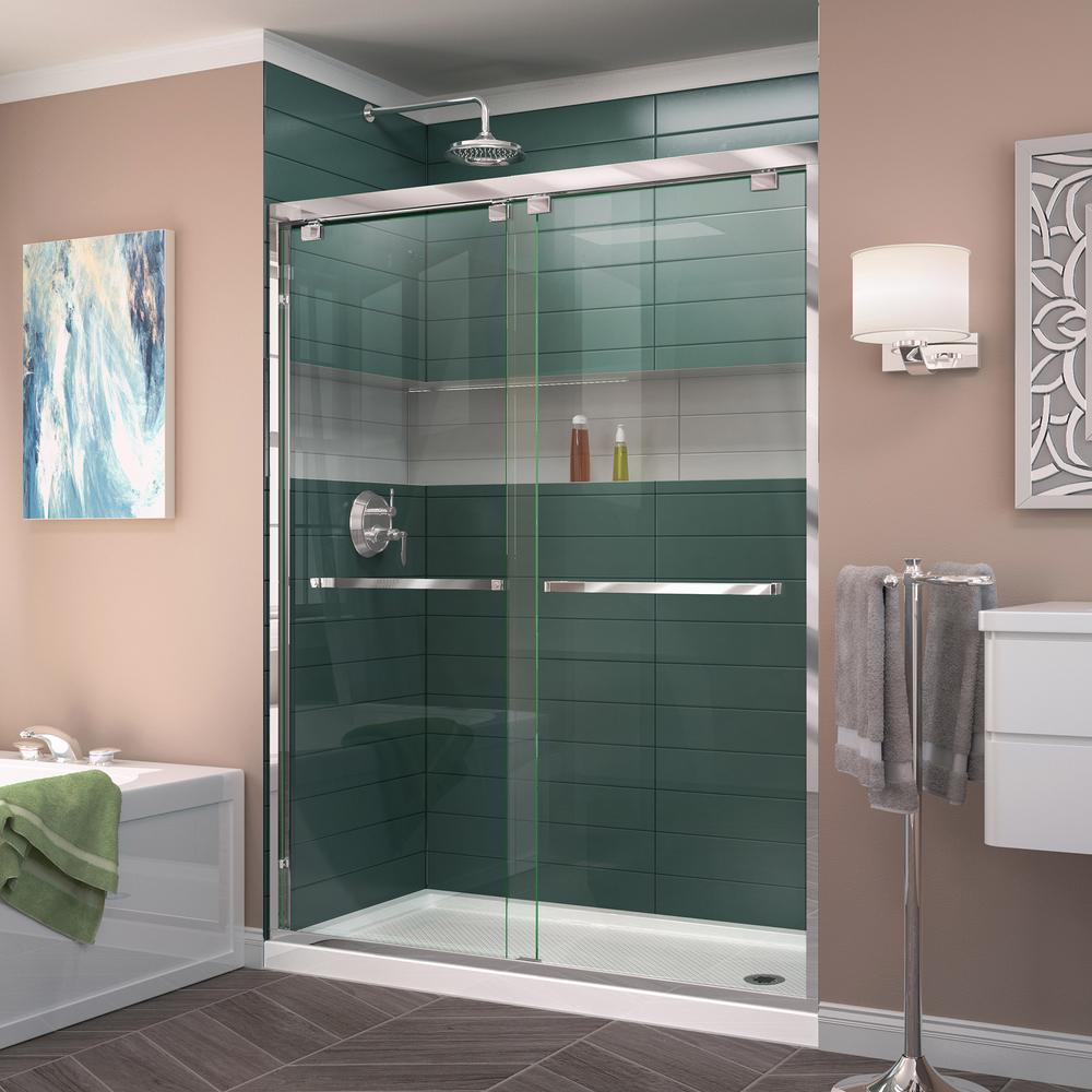 Dreamline Encore 34 In D X 60 W 78 75 H Semi Frameless Encore 34 In D X 60 W 78 75 H Semi Frameless Sliding Shower Door Chrome With Right Drain Biscuit Base