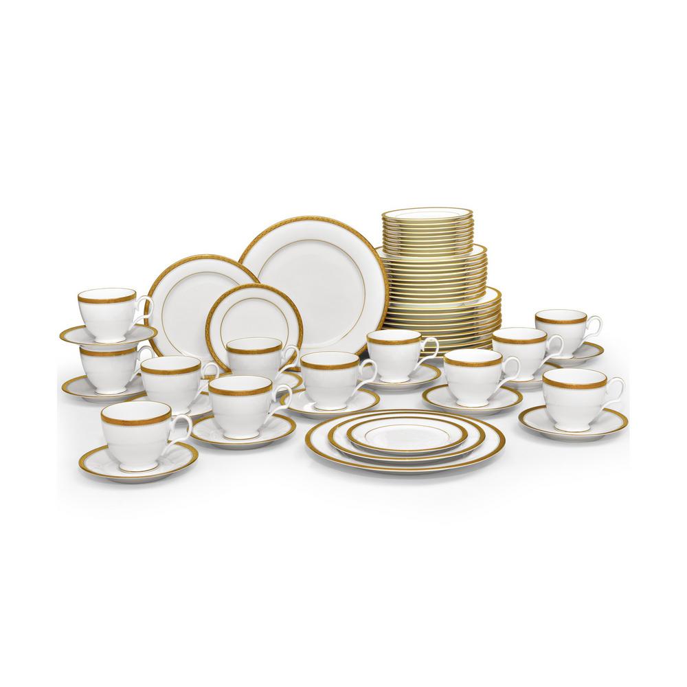Noritake Charlotta Gold White Porcelain 60 Piece Dinnerware Set Noritake Charlotta Gold White Porcelain